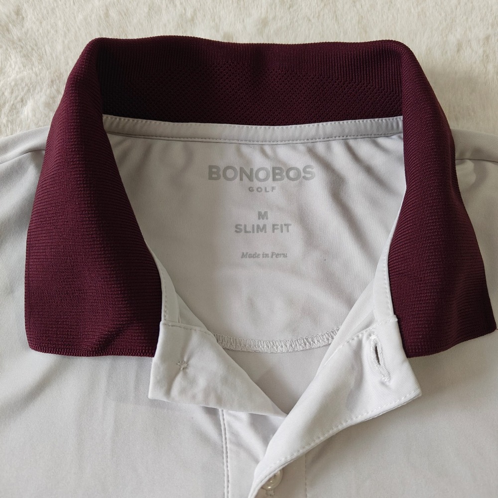 BONOBOS GOLF Men Slim Fit Polo White Shirt Burgundy Stripe Short Sleeve Medium - Picture 5 of 7